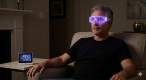 Man wearing violet light therapy glasses for a 40Hz gamma brainwave session.