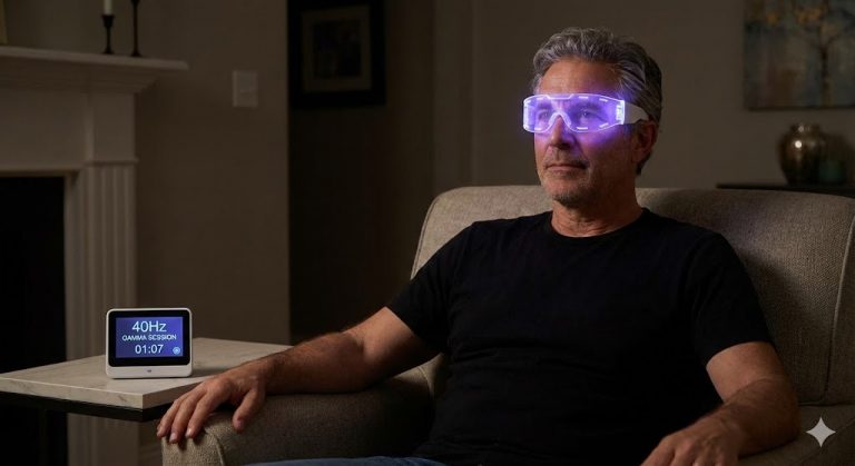 Man wearing violet light therapy glasses for a 40Hz gamma brainwave session.