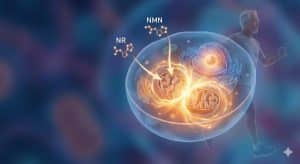 Scientific illustration showing NR and NMN molecules entering a human cell to fuel glowing mitochondria, alongside an active senior man jogging to symbolize healthy aging and cellular energy showing NAD+ Benefits.