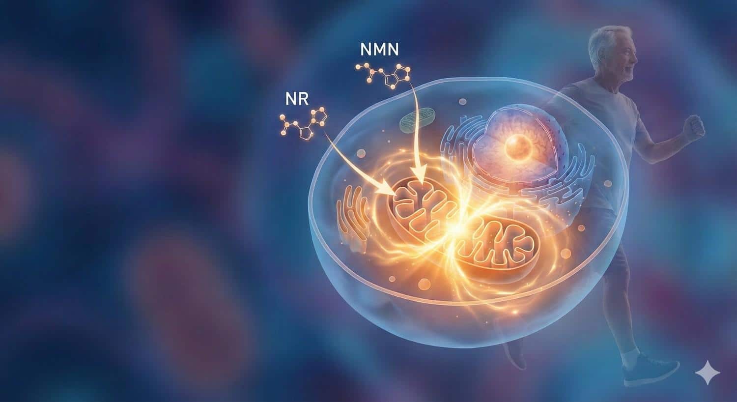 Scientific illustration showing NR and NMN molecules entering a human cell to fuel glowing mitochondria, alongside an active senior man jogging to symbolize healthy aging and cellular energy showing NAD+ Benefits.