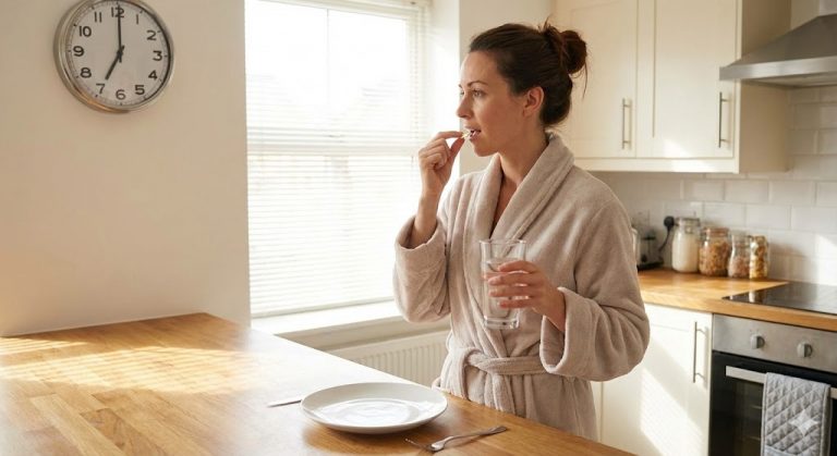 A woman in a robe taking an alpha lipoic acid capsule with a glass of water in a bright kitchen during the morning, illustrating the recommended empty stomach dosage protocol.