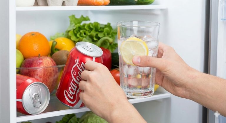 A person rejecting a sugary soda can held in their left hand to choose a glass of water, illustrating the elimination of inflammatory sugar triggers to relieve joint pain.