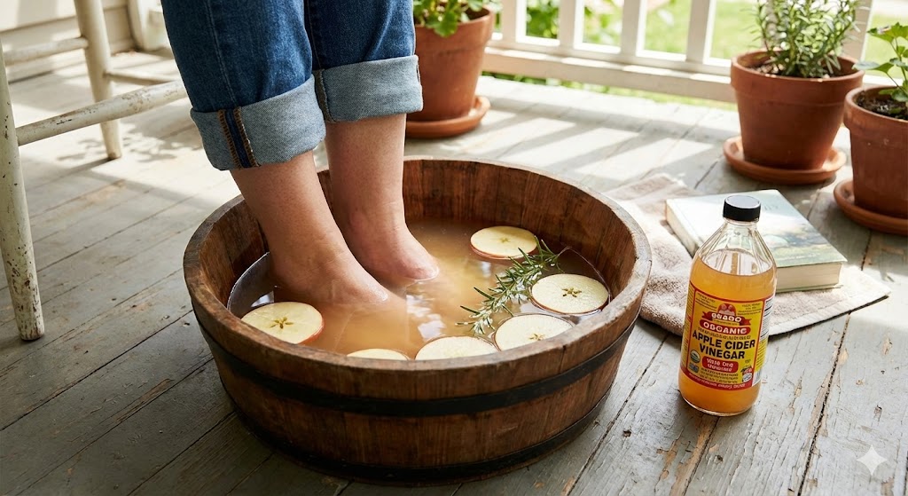 Person soaking feet in a basin of warm water mixed with apple cider vinegar (ACV) to demonstrate a natural foot detox or antifungal treatment.