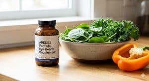 An AREDS2 Formula eye health supplement bottle sitting next to a bowl of fresh spinach and a sliced orange bell pepper on a sunlit wooden kitchen counter, illustrating food and supplement sources for macular degeneration.