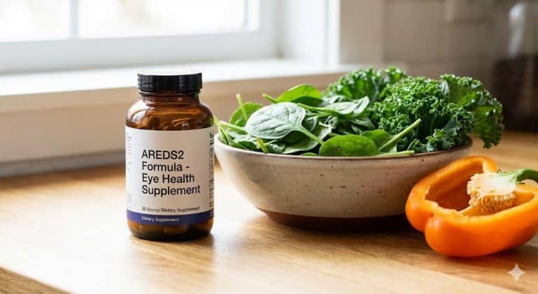 An AREDS2 Formula eye health supplement bottle sitting next to a bowl of fresh spinach and a sliced orange bell pepper on a sunlit wooden kitchen counter, illustrating food and supplement sources for macular degeneration.