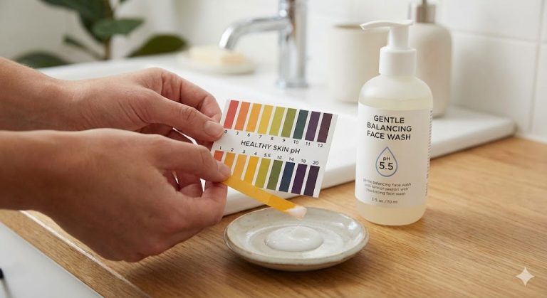 Person testing the pH level of face wash using a litmus strip that indicates a healthy, balanced result of 5.5.