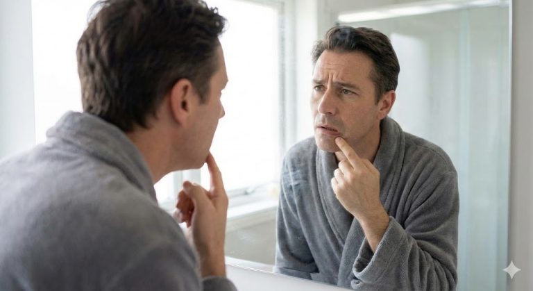 Person checking the corner of their mouth in a bathroom mirror for early signs of a cold sore after feeling the characteristic prodromal tingle.