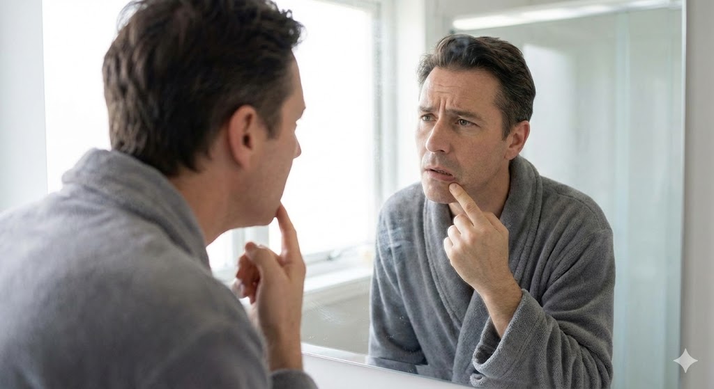 Person checking the corner of their mouth in a bathroom mirror for early signs of a cold sore after feeling the characteristic prodromal tingle.