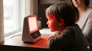 A young boy sits at a desk looking into a desktop red light therapy device with a parent nearby.