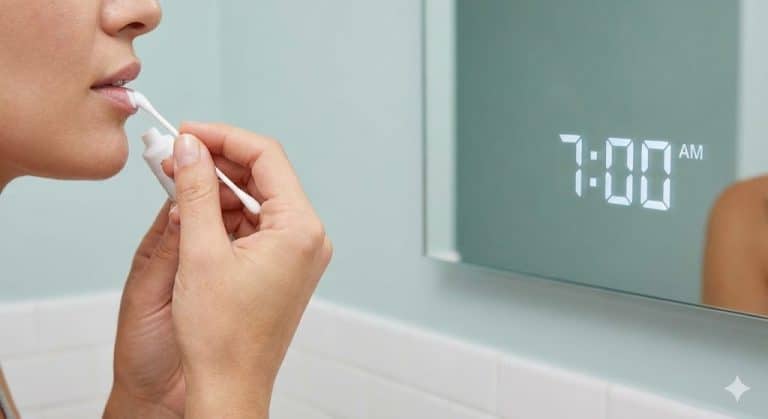 A close-up of a person applying antiviral cream to a tingling lip with a clock in the background, illustrating the importance of timing to stop a cold sore in its tracks.
