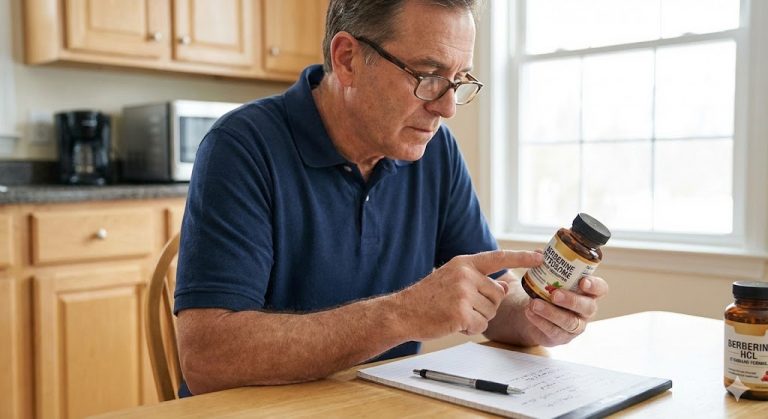 A man with glasses compares labels of Berberine Phytosome and Berberine HCL bottles at a table.