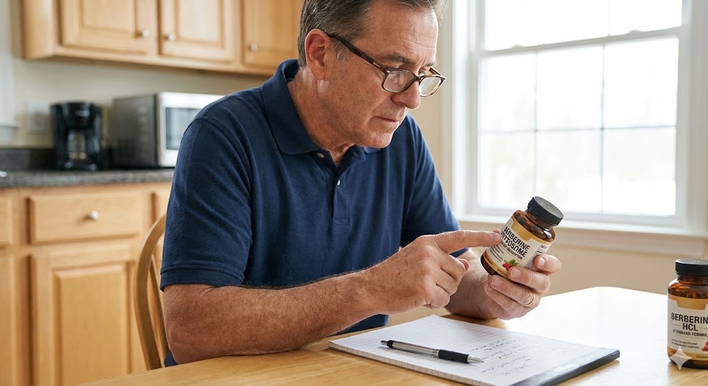 A man with glasses compares labels of Berberine Phytosome and Berberine HCL bottles at a table.