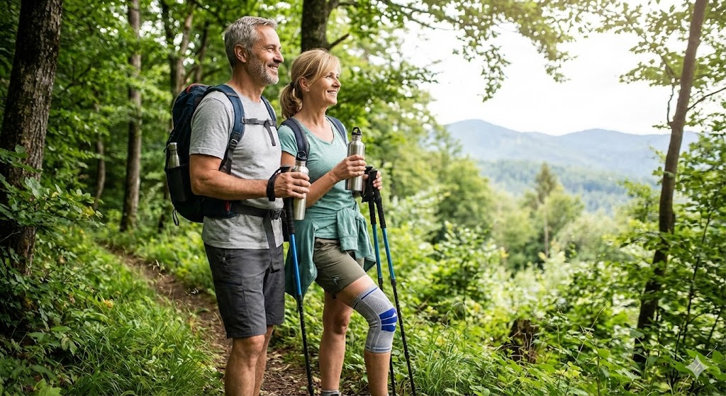 An active middle-aged couple pausing on a scenic forest hiking trail, with the woman wearing a supportive knee brace, demonstrating maintaining mobility through natural alternatives to knee surgery.