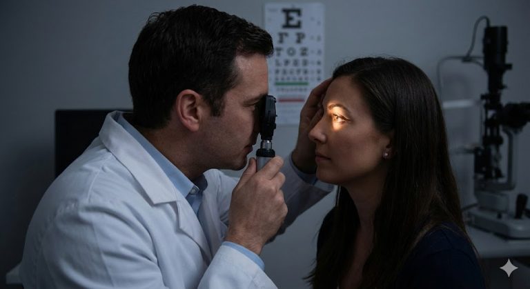 A male doctor in a white coat uses an ophthalmoscope to examine the eye of a female patient in a dimly lit examination room, with an eye chart visible in the background.