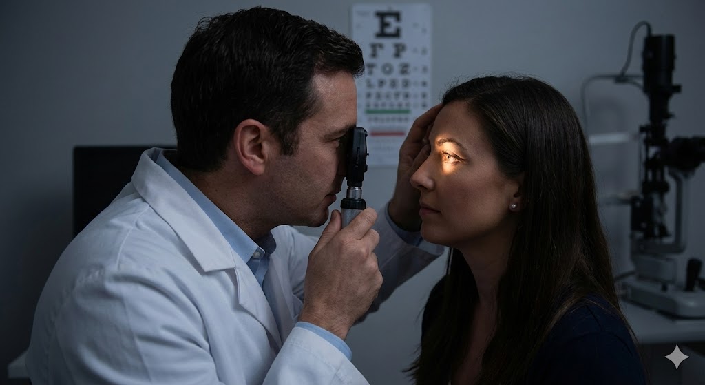 A male doctor in a white coat uses an ophthalmoscope to examine the eye of a female patient in a dimly lit examination room, with an eye chart visible in the background.