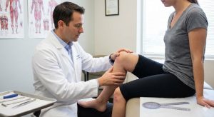 A male orthopedic doctor in a white coat examines the swollen right knee of a female patient on an examination table in a medical clinic.