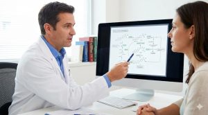 Doctor pointing to a folate metabolism pathway diagram on a computer screen while consulting with a female patient.