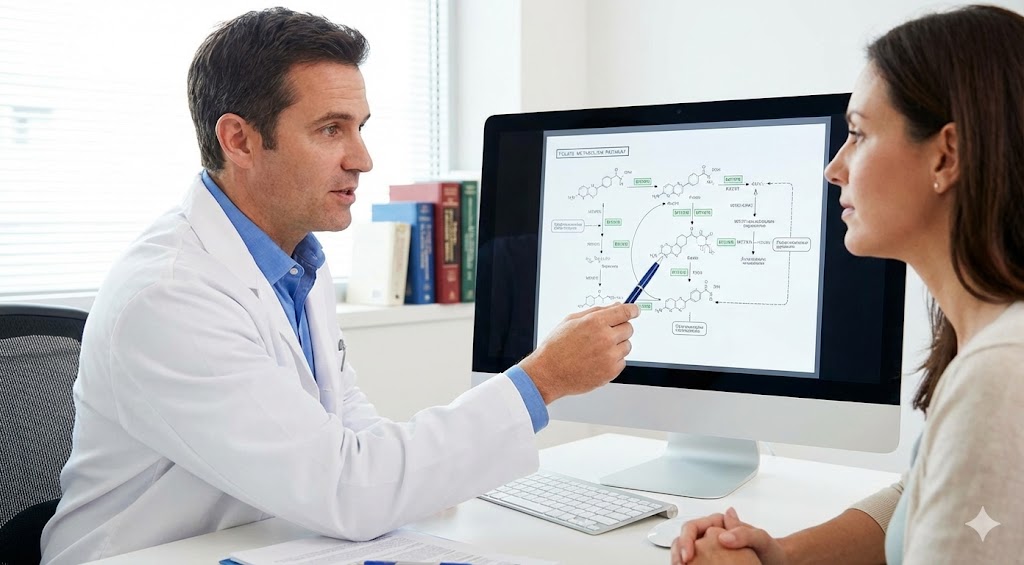 Doctor pointing to a folate metabolism pathway diagram on a computer screen while consulting with a female patient.