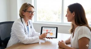A female doctor in a white coat points to a tablet diagram showing the connection between hormones and bladder health while explaining it to a female patient during a consultation.
