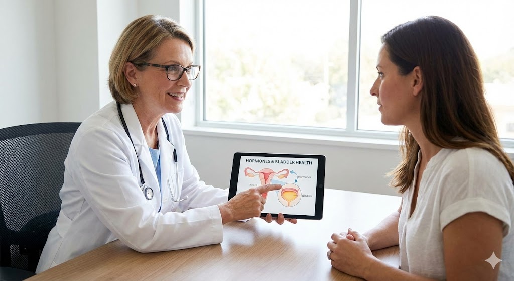 A female doctor in a white coat points to a tablet diagram showing the connection between hormones and bladder health while explaining it to a female patient during a consultation.