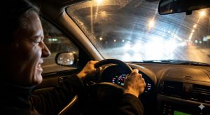 Driver gripping the steering wheel and squinting while struggling with the harsh glare of oncoming headlights at night.