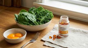 A display of dietary and supplemental sources of lutein and zeaxanthin, showing a bowl of spinach and kale, egg yolks, and a bottle of complex capsules.