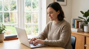 A woman with a calm, focused expression typing on a laptop at a wooden desk in a sunlit home office, illustrating deep work or a productive flow state.