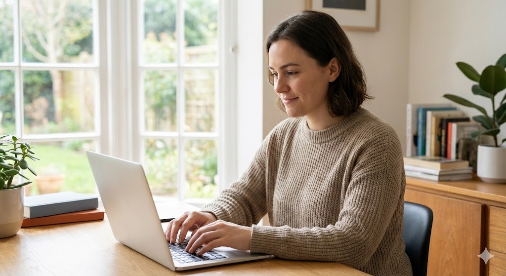 A woman with a calm, focused expression typing on a laptop at a wooden desk in a sunlit home office, illustrating deep work or a productive flow state.