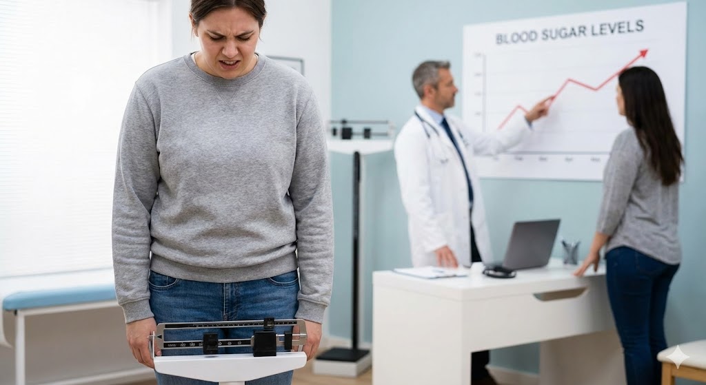 A frustrated woman on a medical scale in a doctor's office, with a doctor and another person reviewing a blood sugar chart in the background.
