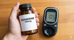 A hand holds a bottle of Berberine 500mg supplements next to a blood glucose monitor displaying a reading of 105 mg/dL on a wooden table, illustrating the use of natural supplements for blood sugar management.