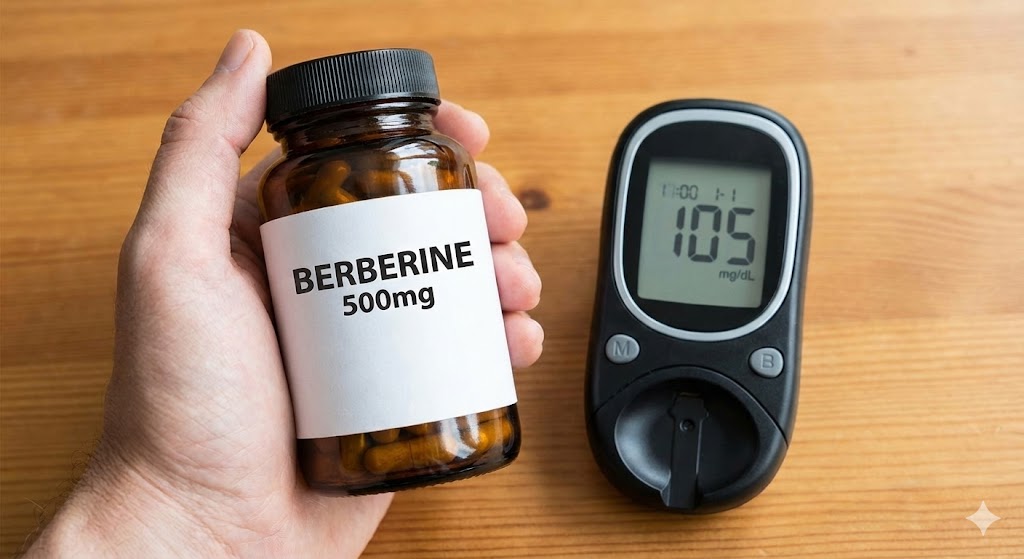 A hand holds a bottle of Berberine 500mg supplements next to a blood glucose monitor displaying a reading of 105 mg/dL on a wooden table, illustrating the use of natural supplements for blood sugar management.