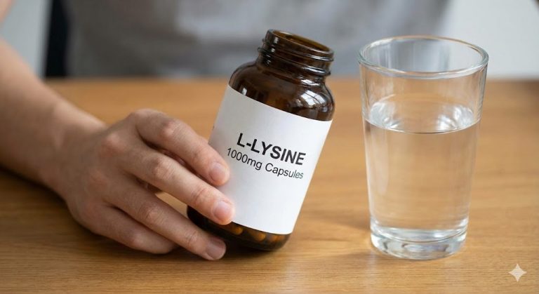 A person holding a bottle of L-Lysine 1000mg capsules alongside a glass of water, preparing to take the supplement.