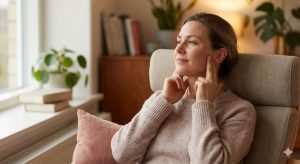 Person performing a gentle jaw massage to relieve somatic tinnitus tension and relax the TMJ area.