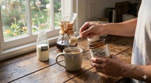 Person adding a scoop of Lion's Mane mushroom powder to a hot cup of morning coffee with a bottle of heavy cream nearby.