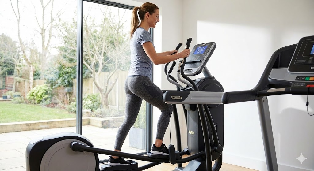 Person performing a low-impact elliptical workout to demonstrate the benefits of cyclic loading for joint health and cartilage nutrition.