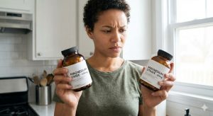 Person comparing two supplement bottles labeled 'Oxide' and 'Citrate' to decide the best form for absorption and bioavailability.