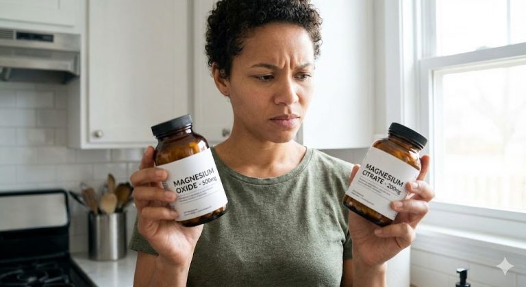 Person comparing two supplement bottles labeled 'Oxide' and 'Citrate' to decide the best form for absorption and bioavailability.