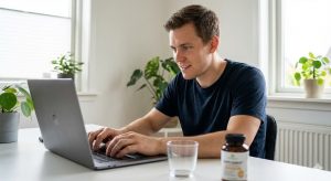 A man working on his laptop with a clear, focused expression, illustrating the cognitive benefits such as improved attention and mental clarity associated with Citicoline supplements, a bottle of which sits on the desk beside him.