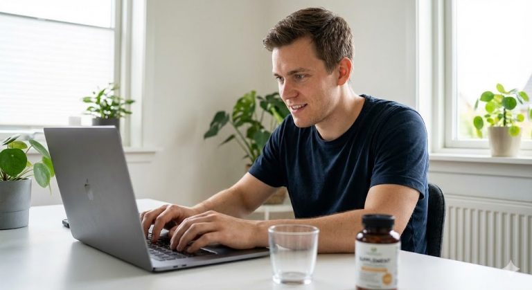 A man working on his laptop with a clear, focused expression, illustrating the cognitive benefits such as improved attention and mental clarity associated with Citicoline supplements, a bottle of which sits on the desk beside him.