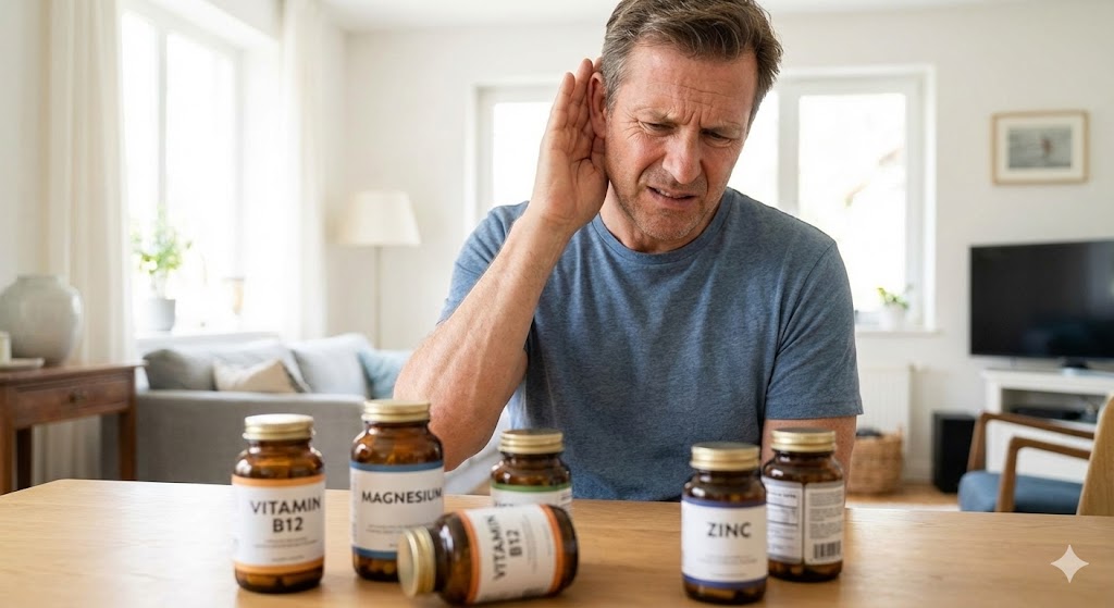 A man holding his ear in discomfort due to ringing, with bottles of Vitamin B12, Magnesium, and Zinc supplements on a table, illustrating potential vitamins for ringing in the ears.