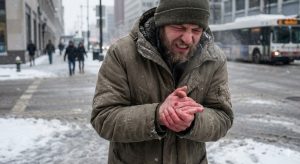 A man in a winter coat and beanie stands on a snowy city street, grimacing in pain while rubbing his hands together, with a visible sore on his hand.
