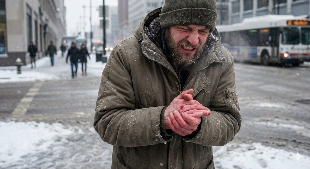A man in a winter coat and beanie stands on a snowy city street, grimacing in pain while rubbing his hands together, with a visible sore on his hand.
