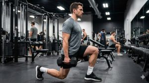 Man performing a knees over toes dumbbell split squat in a gym setting.