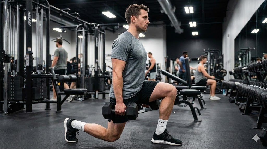 Man performing a knees over toes dumbbell split squat in a gym setting.