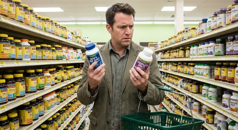 A man with a confused and overwhelmed expression compares two multivitamin bottles in a grocery store aisle overflowing with hundreds of supplement options, illustrating the concept of "decision fatigue" when choosing the right product.