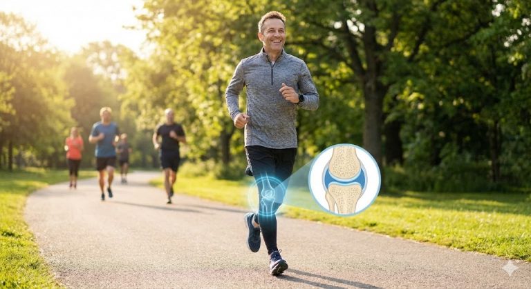 A smiling, middle-aged man running comfortably in a park, accompanied by a graphic inset illustrating a healthy knee joint and cartilage.