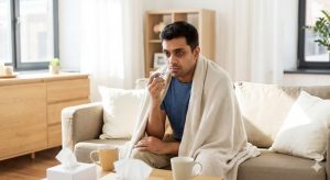 A sick man wrapped in a blanket sitting on a couch, checking his temperature with a digital thermometer amidst tissues and mugs.