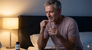 A middle-aged man smiles while taking a Magnesium Glycinate pill in bed at night before sleep.