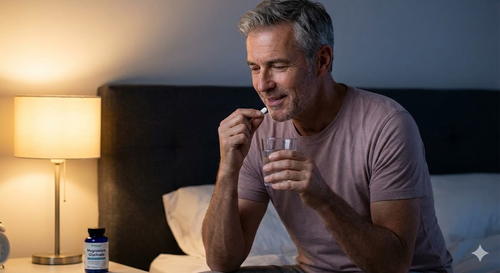 A middle-aged man smiles while taking a Magnesium Glycinate pill in bed at night before sleep.