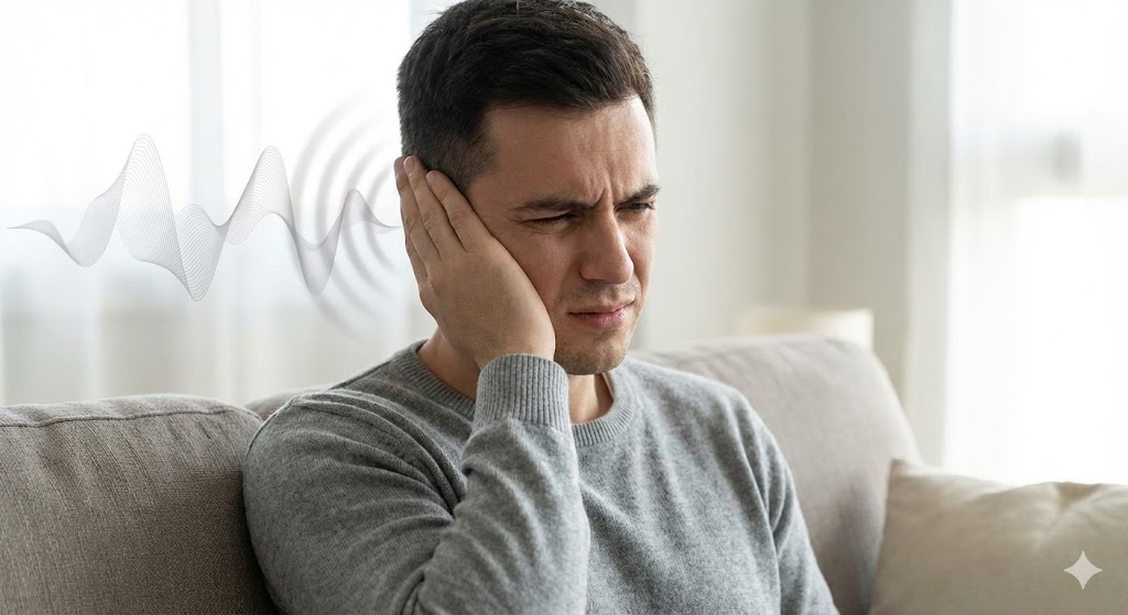 A man with a distressed expression holds his hand to his ear, with a graphic of sound waves near his head representing tinnitus symptoms or ear discomfort.